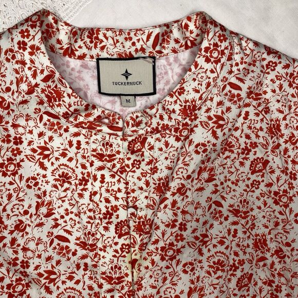 TUCKERNUCK Vermillion Royal Shirt Dress Ditsy Floral Stretch Womens M White Red - Picture 5 of 10